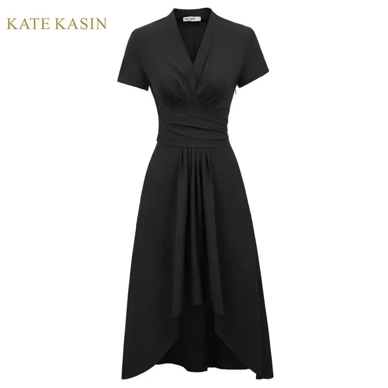 

Kate Kasin Summer Women Short Sleeve V Neck A-line Party Dress Vintage Asymmetrical Pleated Solid Black/Wine Red Midi Dresses