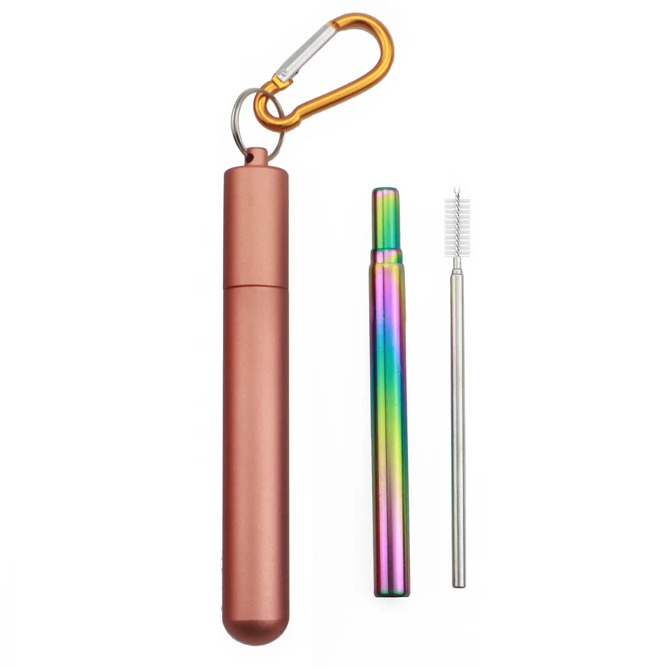 Портативный питьевой соломы 304 Нержавеющая сталь складные многоразовые телескопическая трубочек для путешествий с металлической чехол и щетка - Цвет: Pink Rainbow Straw