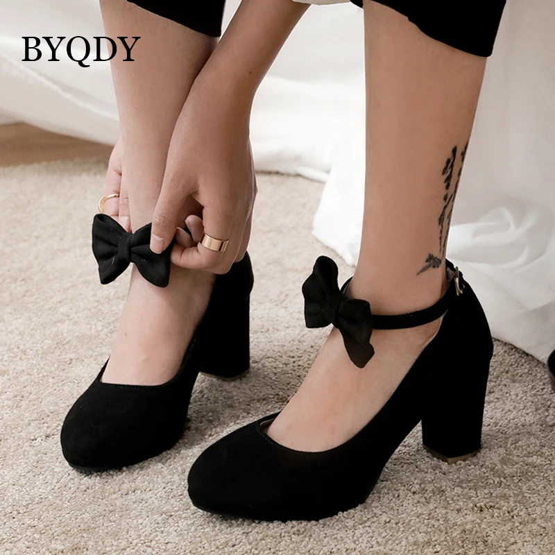 

BYQDY Spring Suede Woman Mary Jane Pumps Sweet Bow Knot Pumps Square High Heels Buckle Casual Shoes Plus Size 48 49 50 Discount