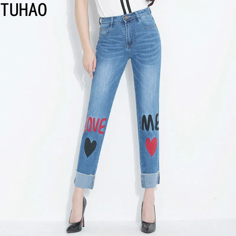 TUHAO 2020 Spring summer plus size women casual letters heart-shaped embroidery straight cuffed jeans stretch cropped pants WM29 | Женская