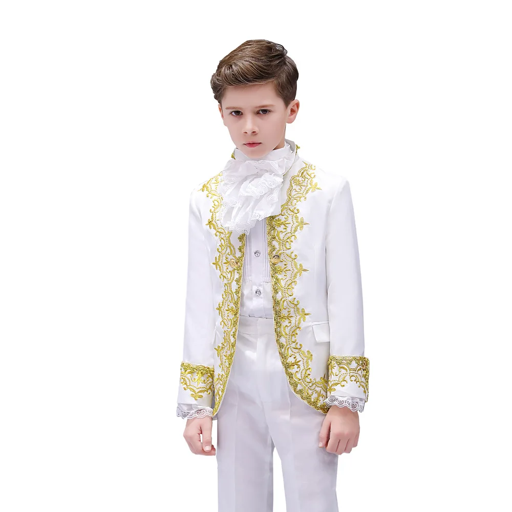 Boys European Style Court Drama Costume Children Golden Flower Stage Prince Charming Performance Clothing Set Kids Blazer Pants