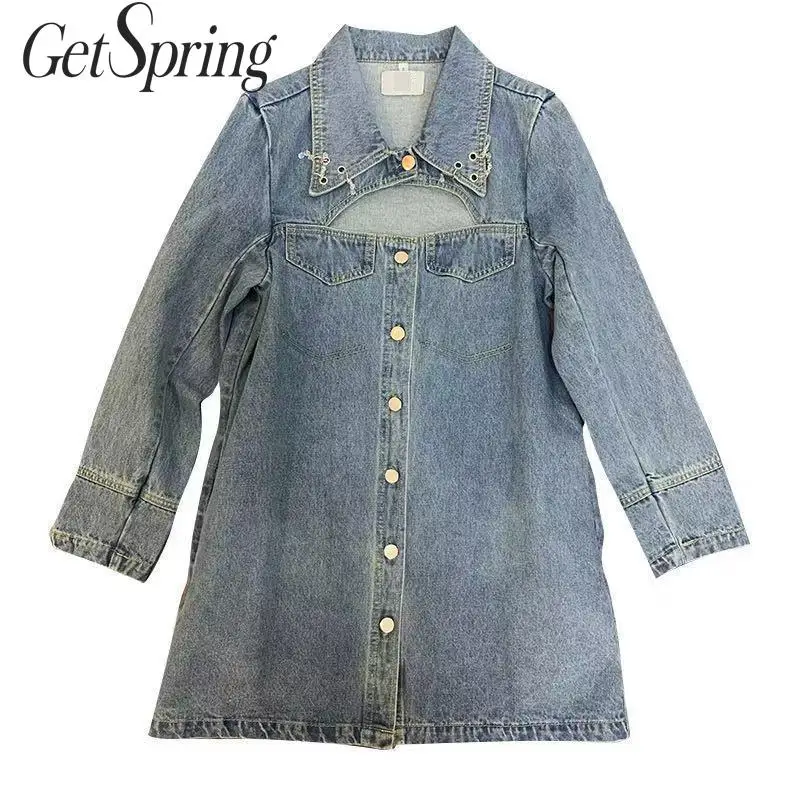 

GetSpring Women Denim Coat Long Sleeve Hollow Out Jean Jacket Women Denim Jackets Loose Long Denim Tops Women Outerwears Autumn