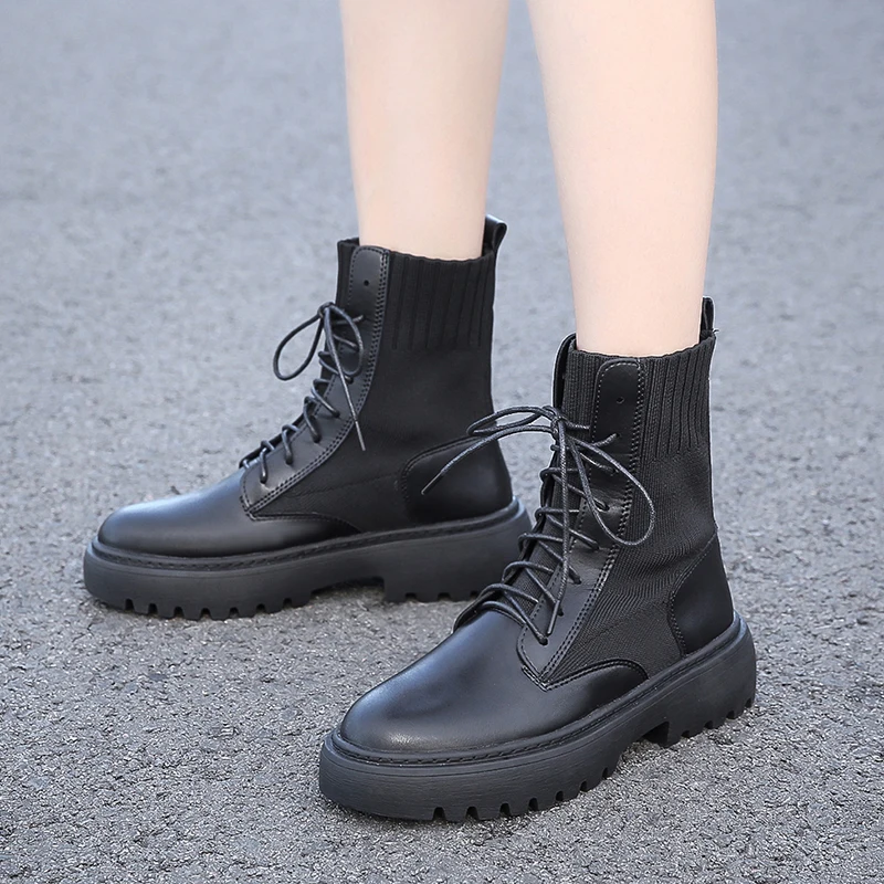 

2020 New Women Warm Winter Boots Fashion Mesh Patchwork Thick Sole Shoes Woman Classic Lace Up Black Zapatos De Mujer