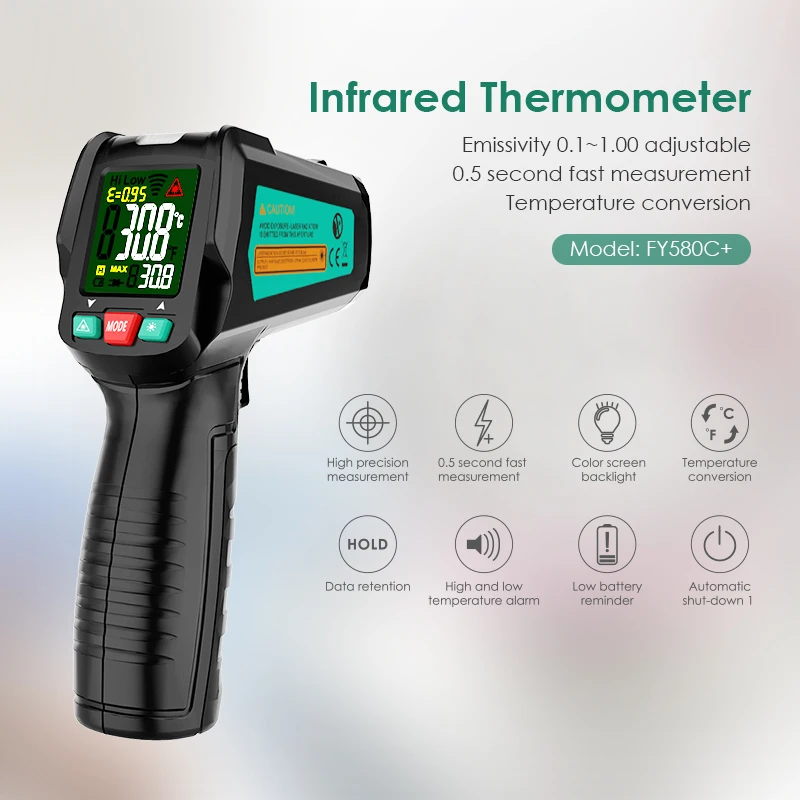 LCD IR Laser Infrared Digital Temperature Gun Non Contact Handheld Infrared Thermometer 50-580℃ Alarm Portable Pyrometer