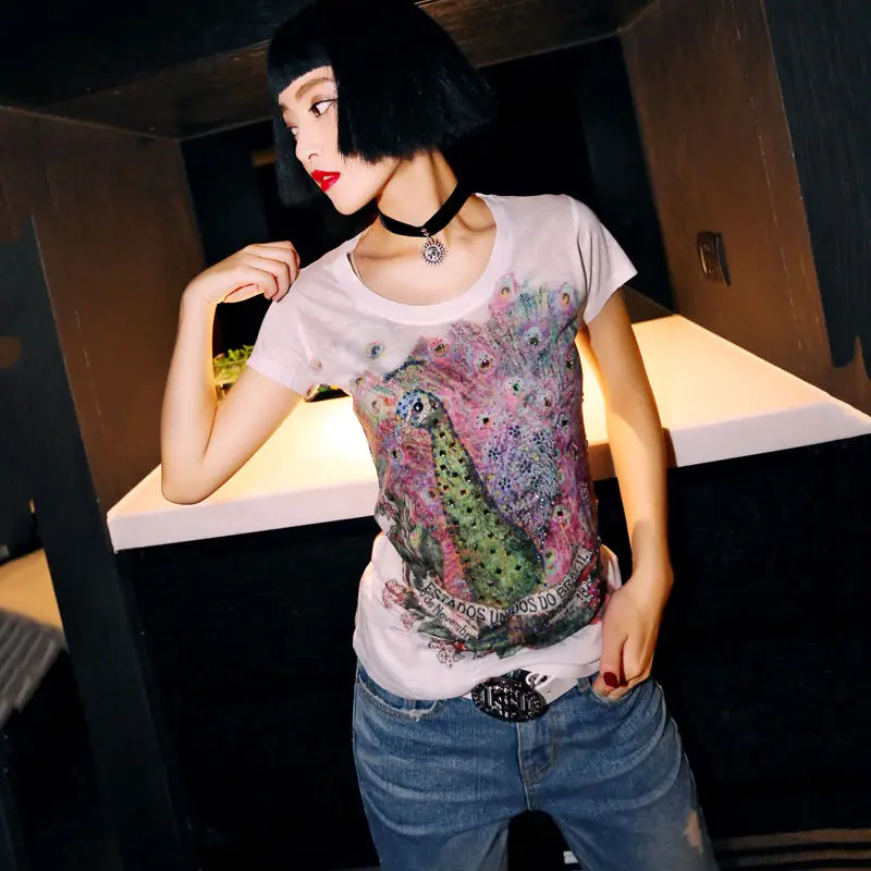 2020 New Summer Women Peacock Printing O-neck Silk T Shirt Tops Ladies Casual Elasticity Rhinestones Embroidery Tee Shirts S197 | Женская