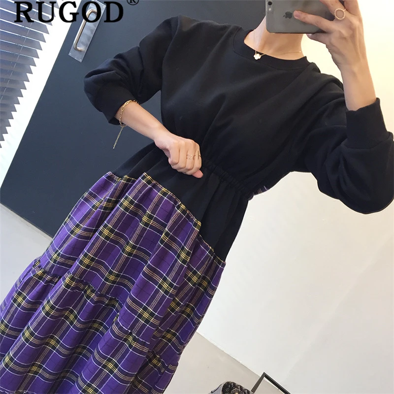 RUGOD винтажное клетчатое лоскутное женское платье, модное ТРАПЕЦИЕВИДНОЕ зимнее теплое женское платье с круглым вырезом, повседневное стильное длинное женское платье с оборками