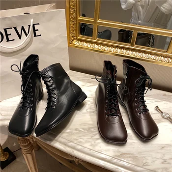 

2020 New Luxury Women Lace Up Low Heels Martin Boots Square Toe Soft Leather Flat Boots Chelsea Boots Oxford Shoes Botas Mujer