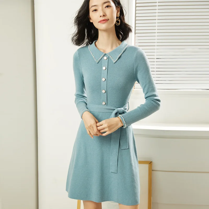 Spring and Autumn New European and American Women's Fashion Waist Temperament A-line dress Lapel Beaded Long Sleeve Dress 19081