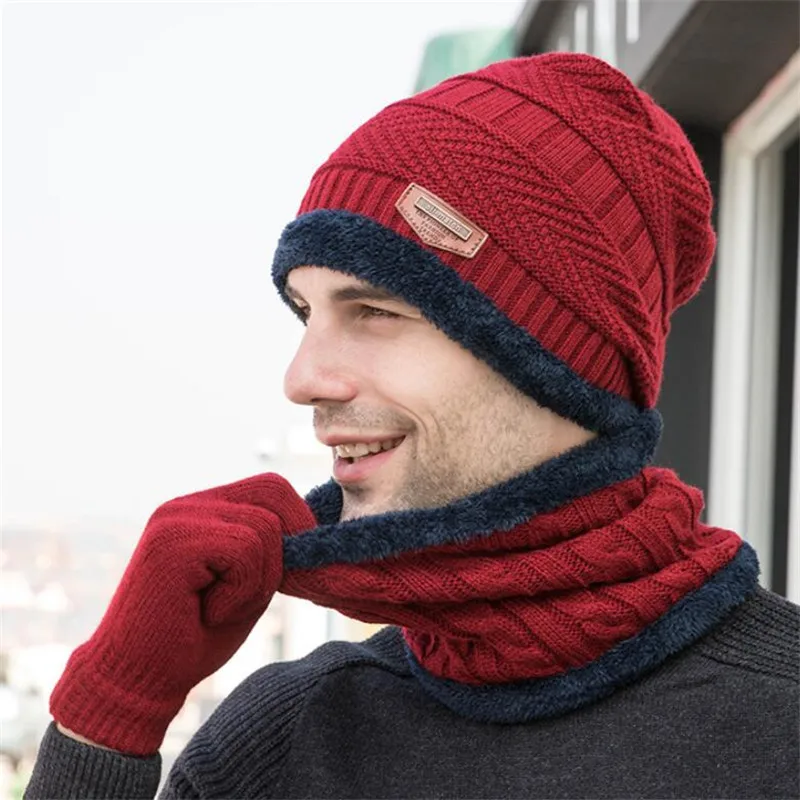 Men Winter Knitted Hat And Scarf Gloves Set Women Warm Plush Hat 3 Piece Sets Male Outdoor Ski Cap Ring Scarves Solid Man