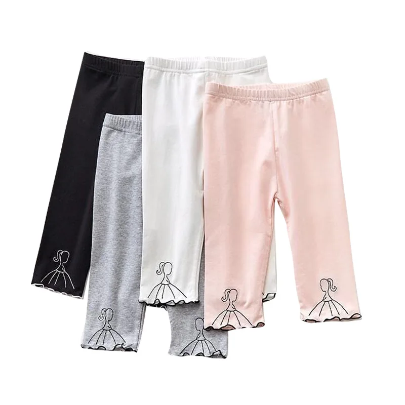 New solid color modal children's leggings girls embroidered trousers cropped pants cute casual pants thin summer