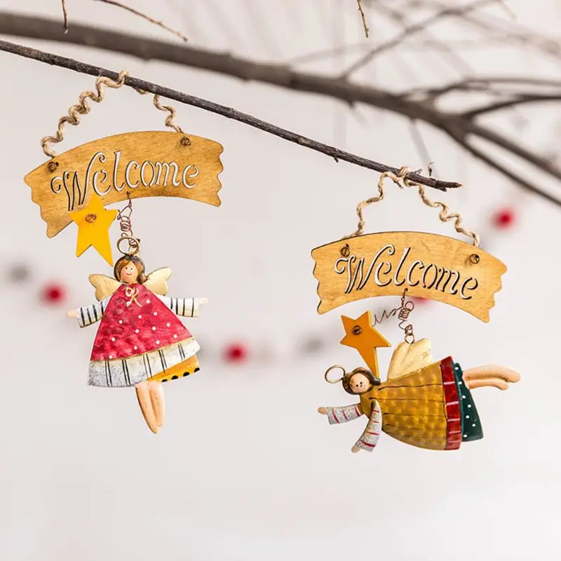 

Vintage Retro Christmas Angel Doll Decoration Welcome Door Hanging Plate Wooden Sign Pendant Xmas Home Decor