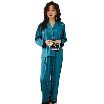 

Wmyqdlq New Style Pajamas Women Spring And Autumn Ice Silk Print Thin Lace Loose Long-Sleeved Trousers 2 Piece Home Service Hots