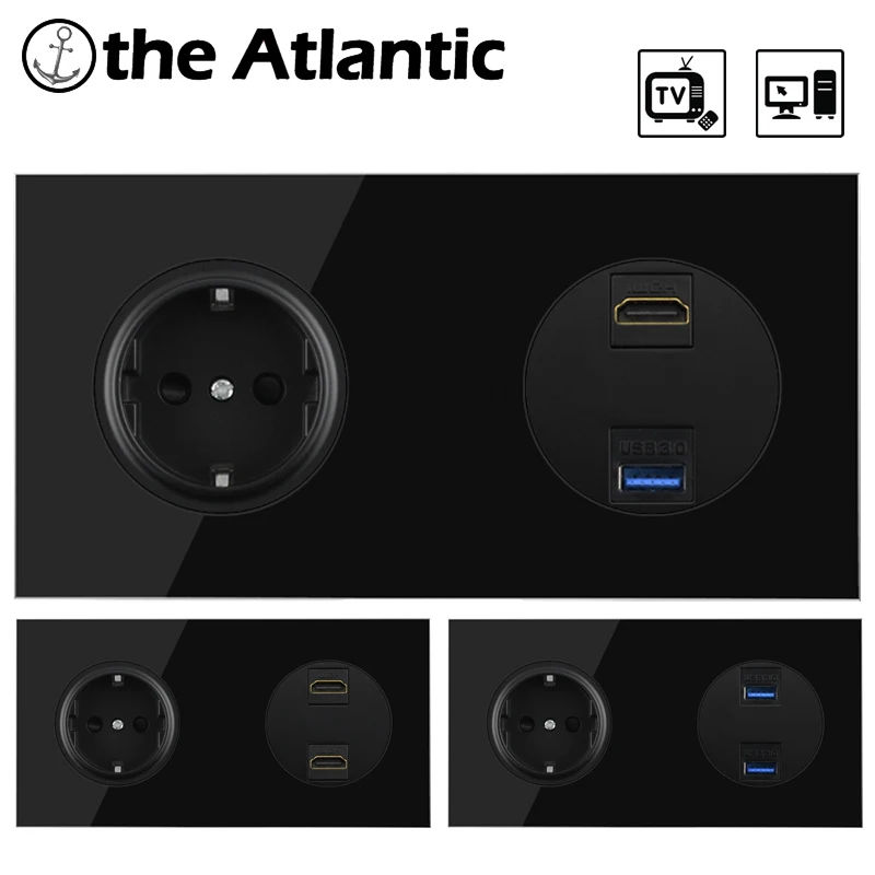 Plug Tomada de Alimentação Hdmi Usb 3.0 Dados Jack Porta Transferência Dados Tomada Parede para Computador Computador tv tv tv Quadro Vidro Preto Adaptadortomadas Elétricassoquete ue de
