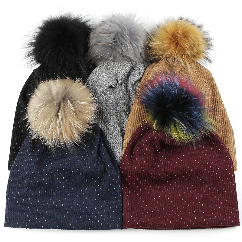 

Colorful Dot Women Multicolor Ribbed Cotton Beanies 15cm Real Fur Pompom Ladies Stretch Hats Outdoor Warm Bonnet