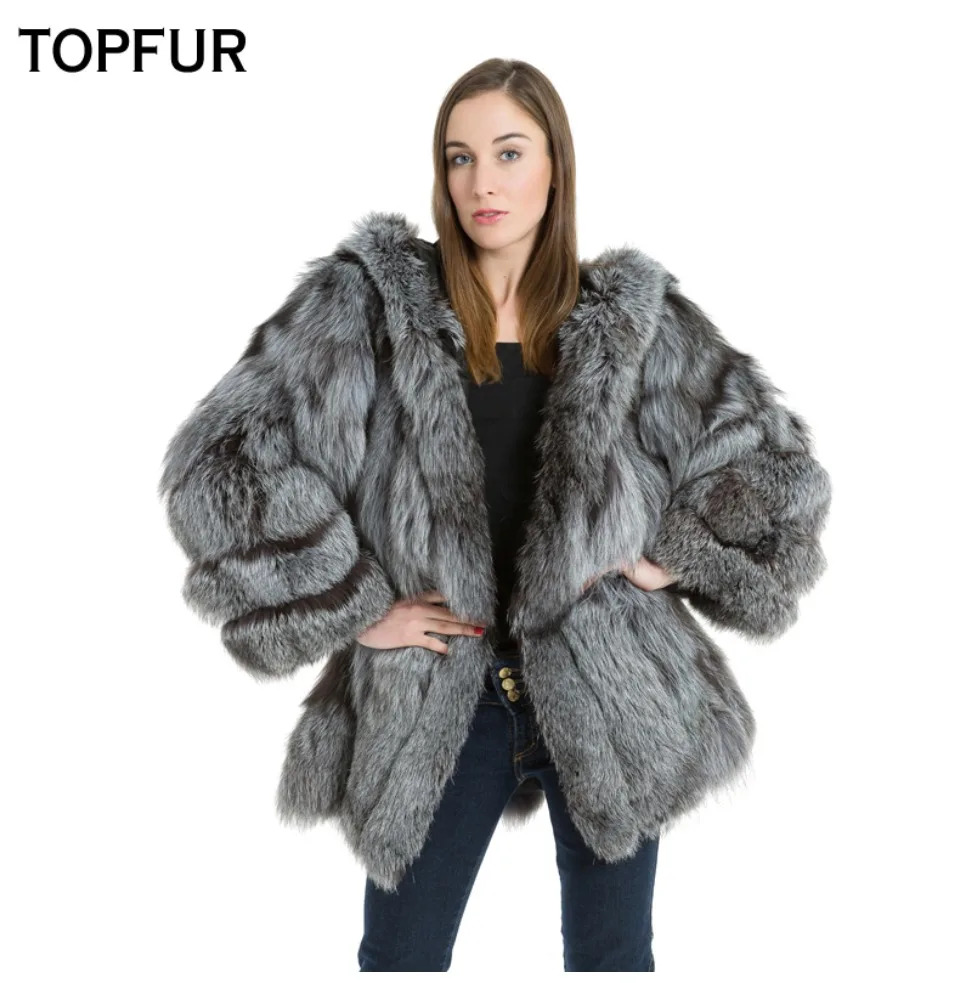 TOPFUR, модные зимние женские пальто с капюшоном, натуральный мех, пальто для женщин, натуральный мех серебристой лисы, верхняя одежда и пальто, базовые куртки