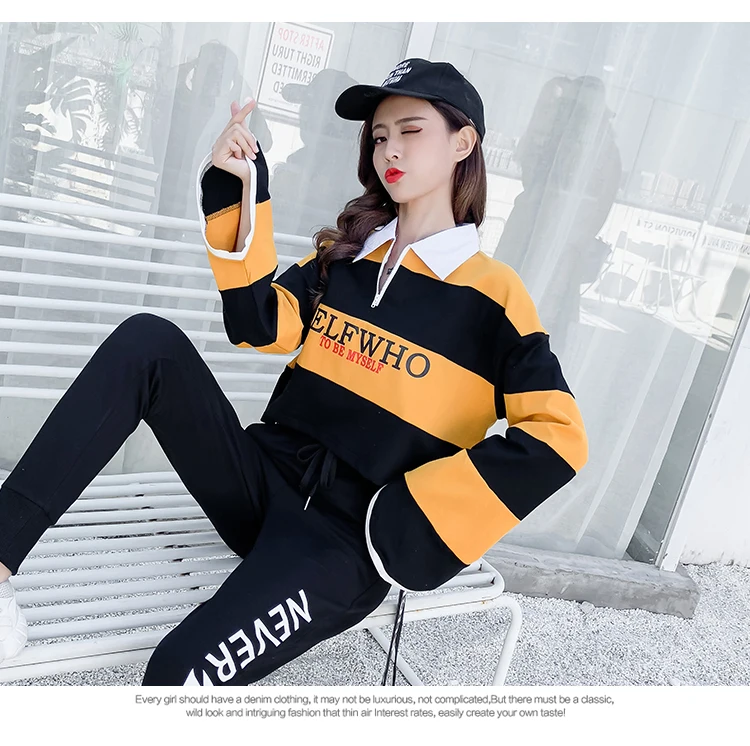 

Oshangchaopin Zip Letters Striped Loose Leisure Sweatershirt+Elastic Waist Little Feet Pant Women's Autumn Outdoor Sporting Suit