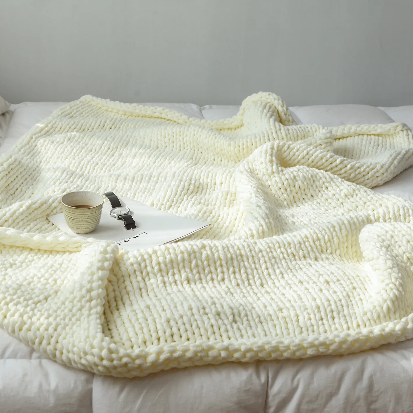 Плотное вязаное шерстяное одеяло ручной вязки, одеяло для дивана, утяжеленное одеяло для фотосъемки, рождественские украшения для дома - Цвет: Milky white