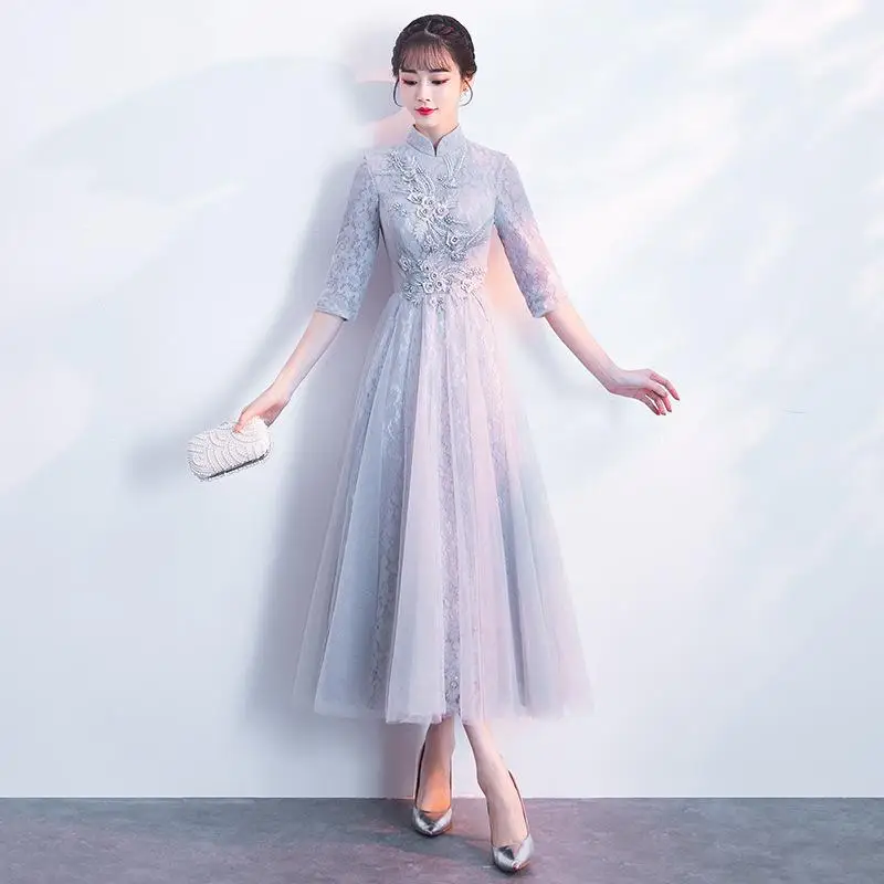 Gray Lace Embroidery Evening Cheongsam Flower Womens Party Dress Spring Chinese style Mandarin Collar Qipao Long Gown Vestido - Цвет: style - 2