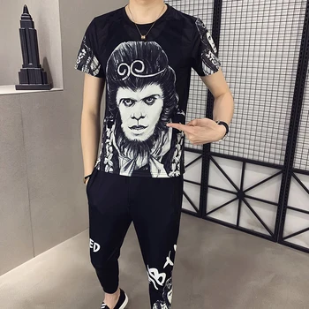 

Two Piece Set Men Slim Fit Outfits Fashion T-shirt Men's Moda Hombre 2020 Ropa Chemise Homme Manche Court Printing Short Sleeve