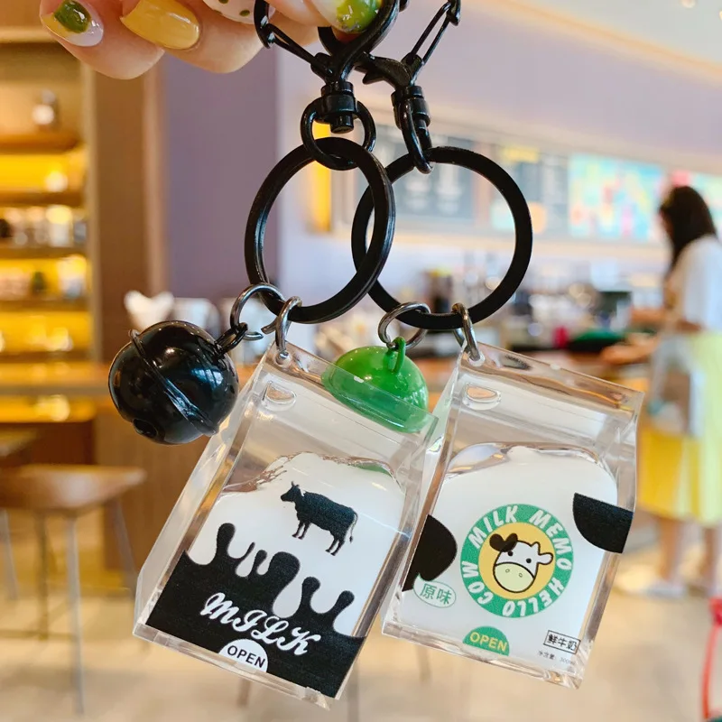 

New Moving Liquid keychain Cartoon Creative Acrylic Milk Box Keychains Personality Car Metal Key Chain Bag Pendant keyring gifts