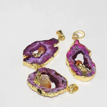 

Natural Slice Geode Druzy Agates Pendant Pink Hole Stripe slab Delicate Accessory Yellow Crystal Irregular stone pendant women
