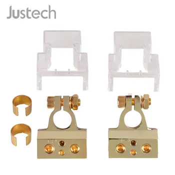 

Justech 1 Pair 0 / 4 / 8 Or 10 Gauge AWG Positive & Negative Battery Terminal Clamp and 2pcs Shims +/- Battery Terminals For Car