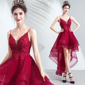 

Sexy Wine Red Evening Dresses High Low Tulle Lace Appliques Sequins Short Party Dresses Evening Gowns Vestido De Festa JK46