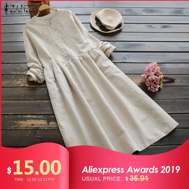 Najtaniej 2019 Plus rozmiar ZANZEA jesień Vintage haft długa sukienka koszulowa kobiety dorywczo z długim rękawem bawełniana pościel luźna strona Vestidos