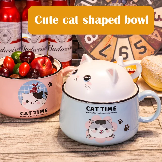 Ceramic Ramen Bowl Japanese Fast Food Bowl With Lid Spoon Large Capacity Cute Cat Instant Noodle Bowl Fruit Tableware Kitchen 4