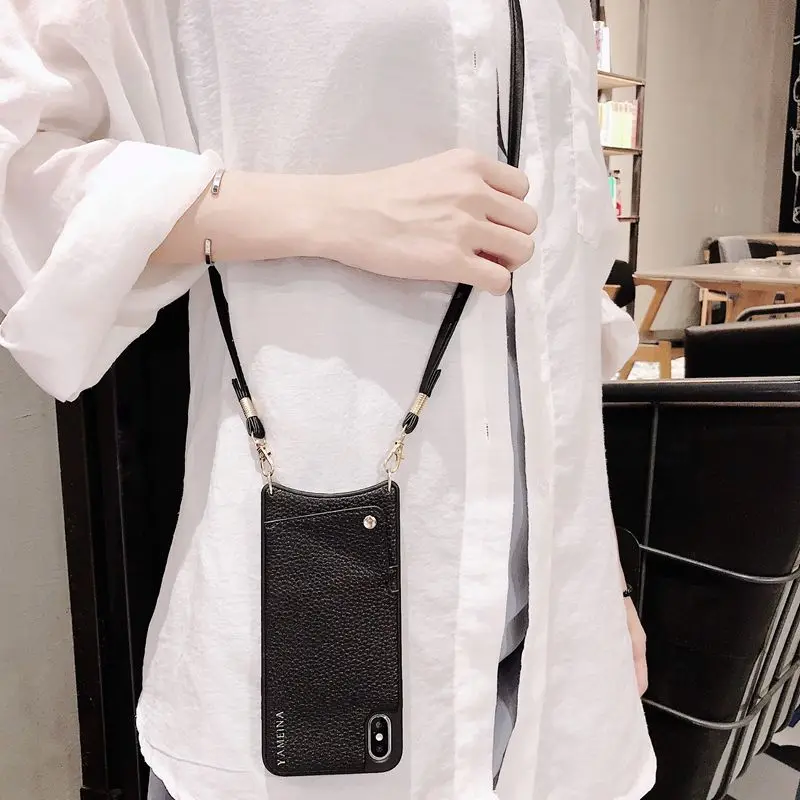 

Litchi Grain PU Leather Long Strap Case For iPhone XS Max XR XS X 7 8 6 6S Plus Black Necklace Lanyard Case For iPhone 11 Pro Max 11 Pro 11