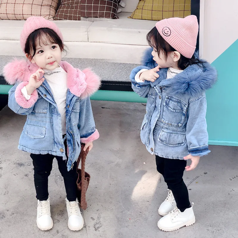 Winter Baby Girls Denim Jacket Plus Velvet Real Fur Warm Toddler 2 Colors Girls Outerwear Coat 2-7 Years Kids Thicken Parka Coat