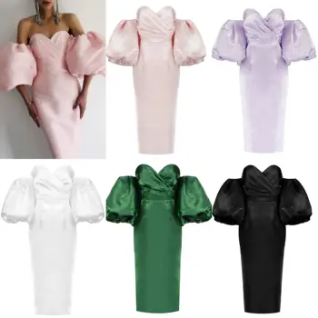 

2020 New Hot Sale Off Shoulder Ruffle Lantern Short Sleeve Maxi Split Dress Shinning V-Neck Backless Sexy Nightclub Vestidos