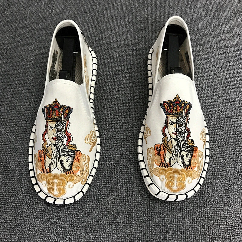 Модная вышитая обувь мужская обувь на плоской подошве из парусины, Харадзюку мужские эспадрильи, лоферы, светильник на резиновой подошве - Цвет: White fo mo