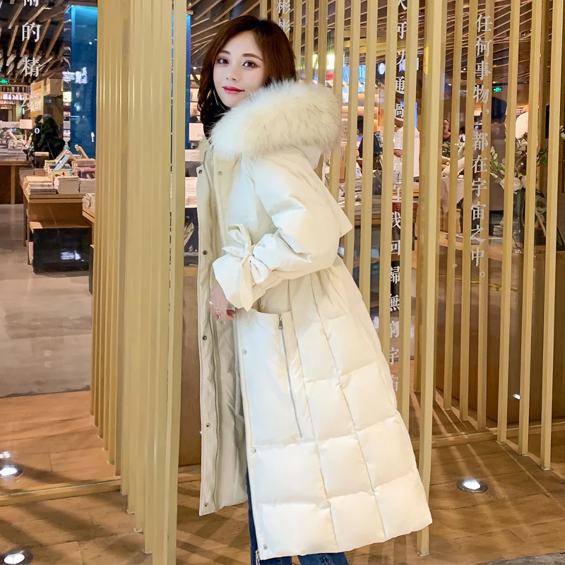 Повседневное облегающее длинное женское пуховое пальто зимнего размера плюс, однотонная меховая утепленная парка с капюшоном, женские корейские пуховые куртки для офиса