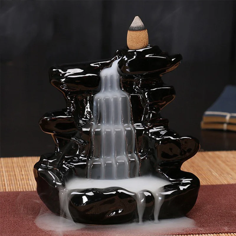 Black Porcelain Backflow Ceramic Cone Incense Burner Holder Buddhist Or Cones 