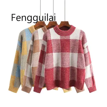 

FENGGUILAI Chic Women Knitted Sweater Autumn Winter Casual Warm Sweaters Female Vintage Plaid Tops Loose Thick Pullover Knitwear