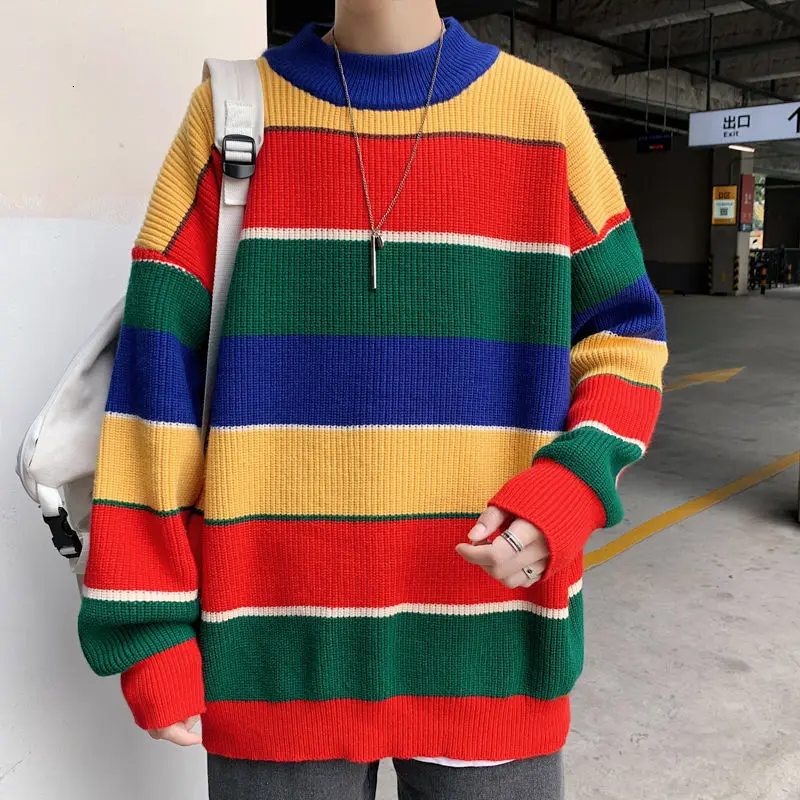 

Winter Striped Sweater Men's Warm And Fashionable Hit Color Casual Knit Pullover Men Loose Korean Knitting Sweaters Mens Clothes