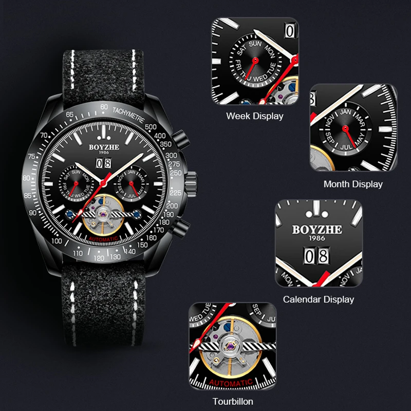 BOYZHE Мужские автоматические механические часы лучший бренд класса люкс Tourbillon часы мужские спортивные календарь Модные Военные horloges mannen