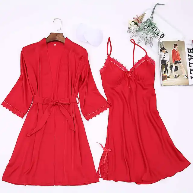 Sexy Summer Womens 2PC Robe Bath Gown Strap Top Kimono Pajamas Sets Sleepwear Lady Home Wear Nightgown Suit Sleepshirts M-XXL 5