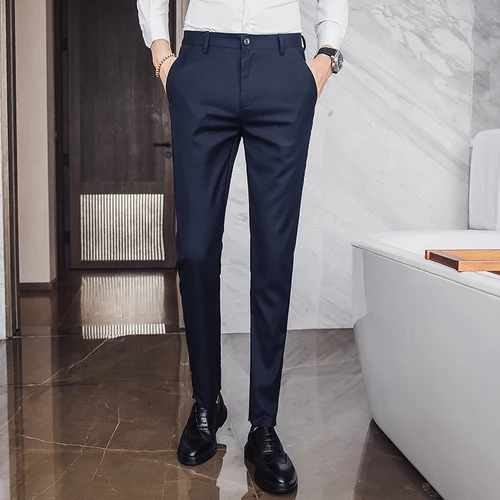Новые высококачественные товары хлопок мужская однотонная официальный деловой костюм брюки/превосходное качество мужской костюм для отдыха брюки - Цвет: Navy blue