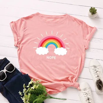 

2020 New Women's T-shirt 100% Cotton Rainbow and Clouds Printed Short Sleeve Casual Soft Female T-shirt Women Plus Size Top Tees