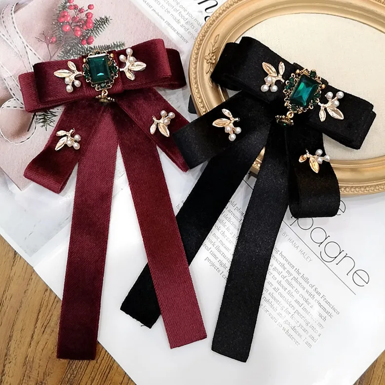 

Vintage Crystal Fabric Bow Tie Brooch Korean Fashion Bowties Neckties for Women White Shirt Collar Luxulry Jewelry Accessories