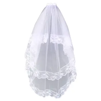 

Double Tier Tulle Wedding Veil Satin Flower Faux Pearl Bowknot Embroidery Floral Lace Trim Bridal Headdress with Comb