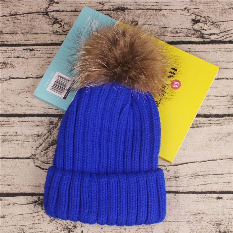 Модная шапка из меха енота с помпонами, зимняя шапка, шапка для девочек, вязаная шапка, шапки, плотная женская шапка, зимняя вязаная шапка для детей - Цвет: blue