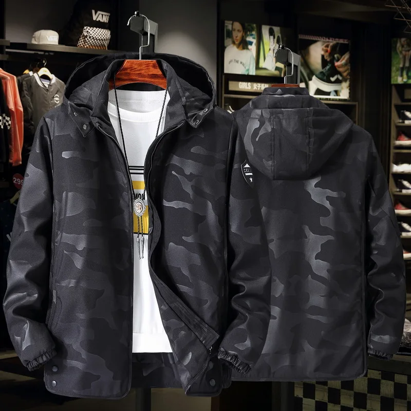 

Large Size Trench Coat Men's Plus-sized Jacket Spring And Autumn Loose-Fit Camouflage Coat Detachable Hat Versatile