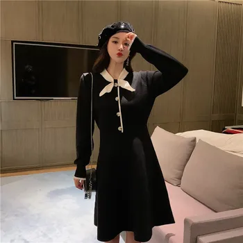 

Sweater Dress Women Autumn Spring 2018 Long Sleeve O-neck A-line Dress Casual Slim Korean Style Bowknot Female Knitted Dresses