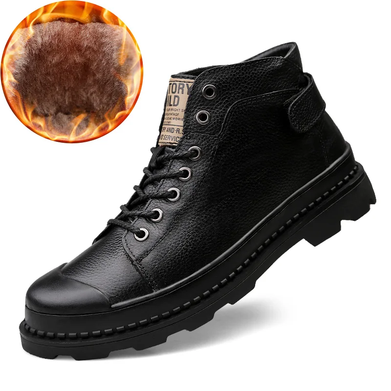 Super Warm Men's Winter Genuine Leather Men Waterproof Rubber Snow Boots Leisure England Retro Shoes For Big Size | Обувь