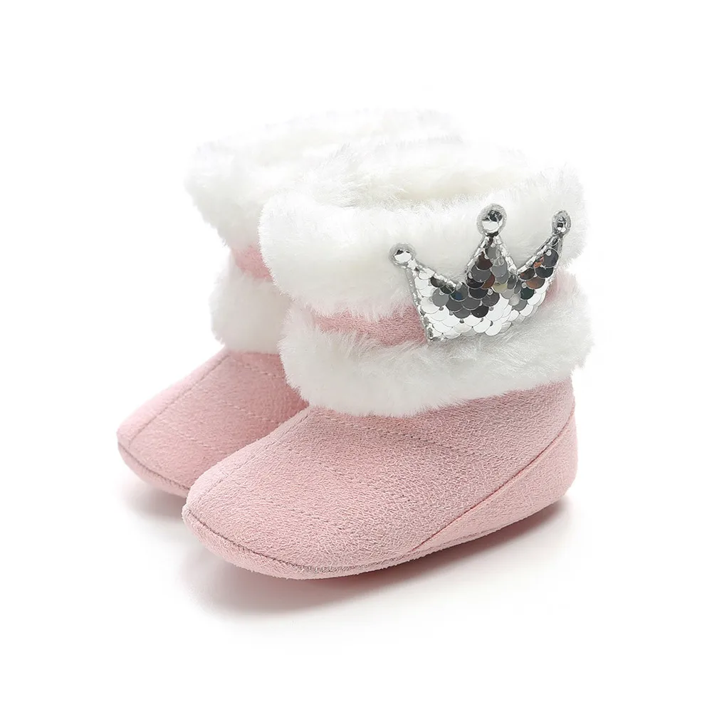 Pinkslivercrown Зимние детские ботинки для новорожденных; милые зимние ботинки для маленьких девочек; мягкие Нескользящие теплые детские ботиночки с помпонами и блестящей короной - Цвет: Pinkslivercrown