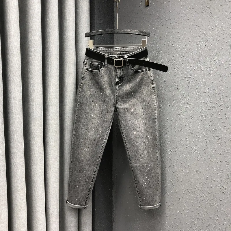 Дымчатый серый тяжелый промышленный горячий бурение отец джинсы женщин весной высокой талией был тонкий личности брюки