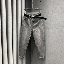 Дымчатый серый тяжелый промышленный горячий бурение отец джинсы женщин весной высокой талией был тонкий личности брюки